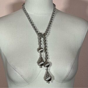 Monet Vintage modernist Silver Art Deco Filagree Long Lariat Necklace 1960 1970